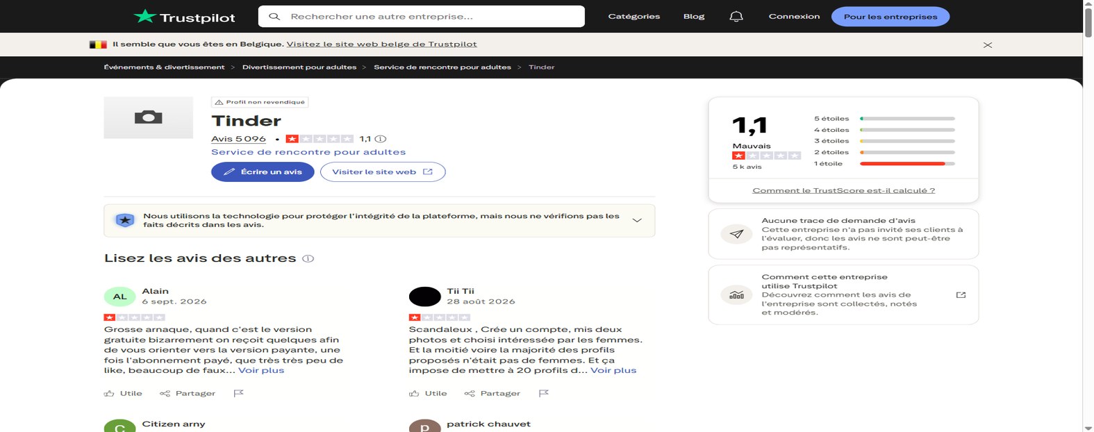 Avis Trustpilot sur Tinder