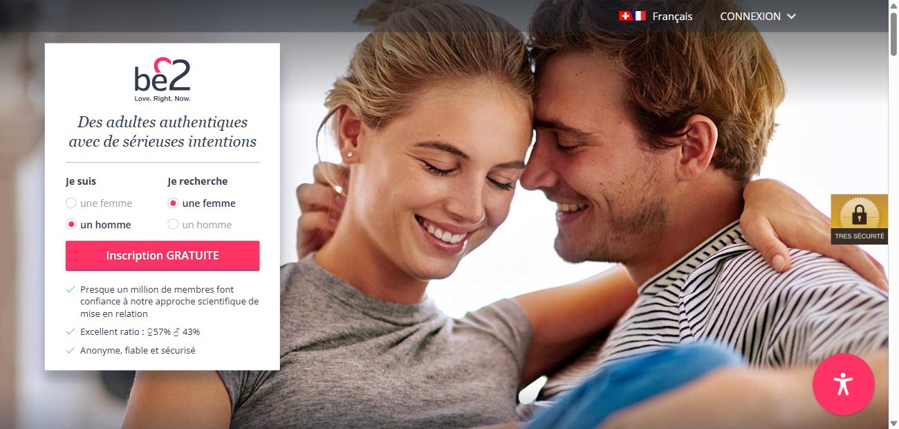 Page d'accueil de be2.ch avec le slogan sur les adultes aux intentions sérieuses et le ratio 57 pour 43