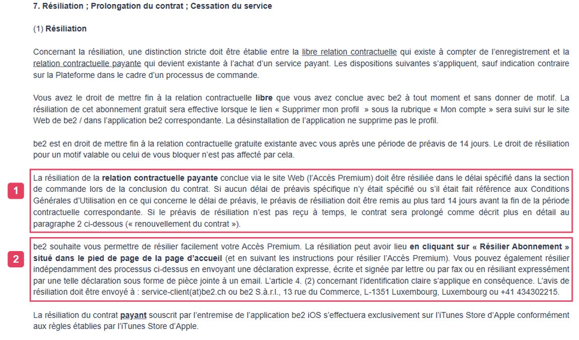 Extrait des CGU de Be2, chiffre 7, sur le délai de résiliation et les moyens de résilier