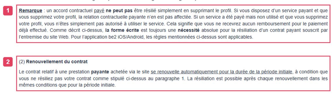 Extrait des CGU de be2 indiquant que la suppression du profil ne vaut pas résiliation, et la règle de renouvellement du contrat