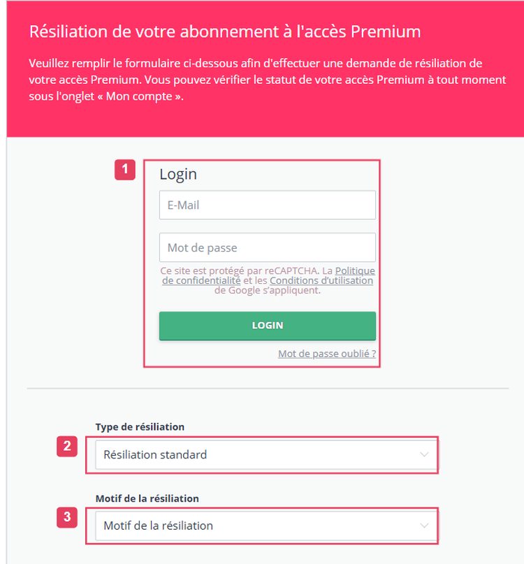 Formulaire de résiliation de be2 avec la connexion, le type de résiliation et le motif