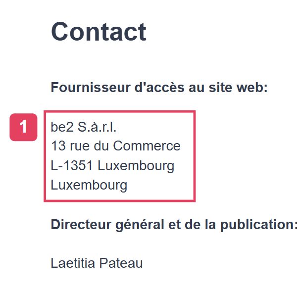 Mentions légales de be2 avec l'adresse de l'exploitant be2 S.à r.l. au Luxembourg