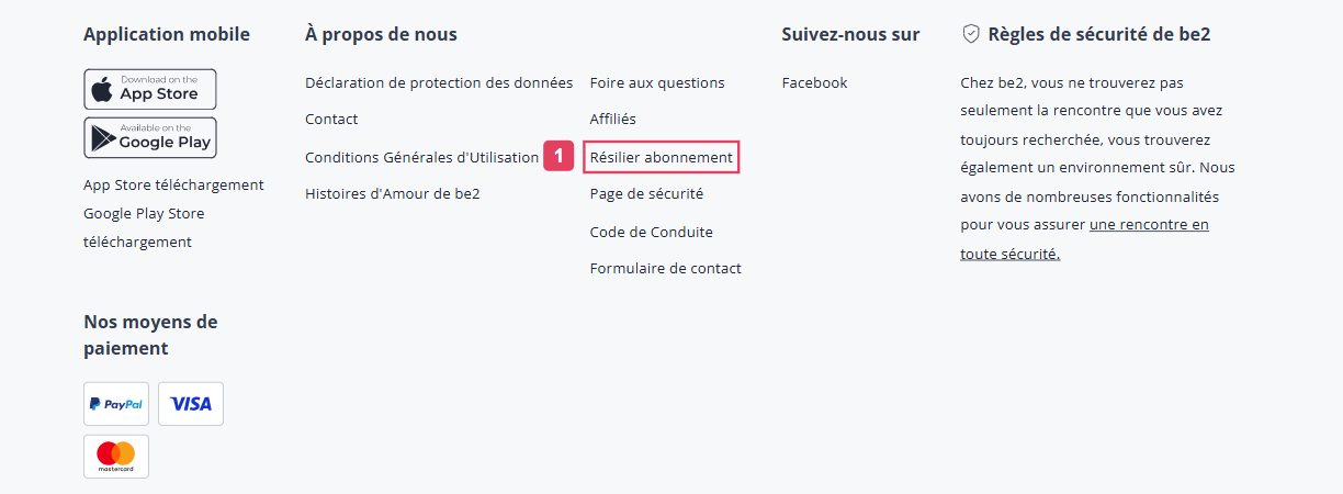 Pied de page de be2 avec le lien de résiliation des contrats mis en évidence dans la rubrique entreprise