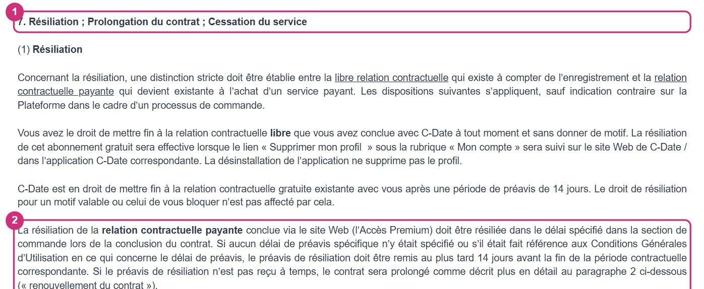 Extrait des CGU suisses de C-Date, chiffre 7 Résiliation, avec la règle des 14 jours avant l'échéance