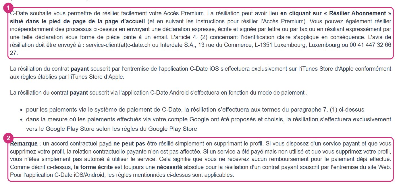 Extrait des CGU de C-Date avec les moyens de résiliation et la précision que supprimer son profil n'est pas une résiliation