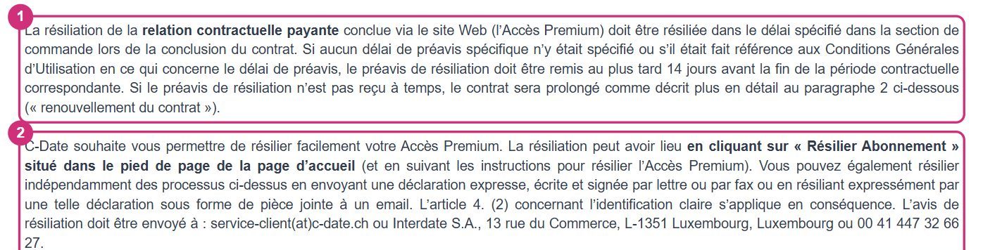 Extrait des CGU suisses de C-Date avec le préavis de 14 jours et le renouvellement automatique