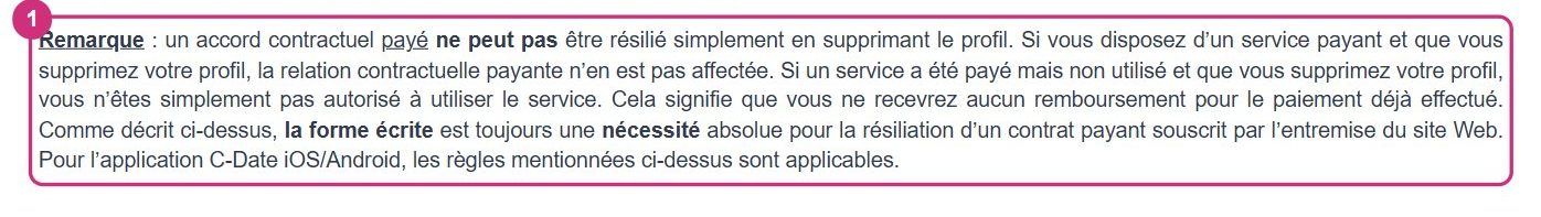 Extrait des CGU de C-Date indiquant que la suppression du profil n'est pas une résiliation