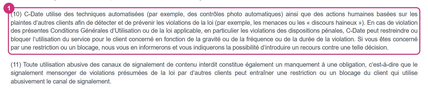Extrait des CGU de C-Date sur la vérification automatique des photos et le contrôle manuel en cas de plainte