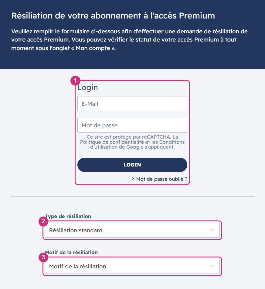 Formulaire de résiliation de C-Date avec connexion, type de résiliation et motif