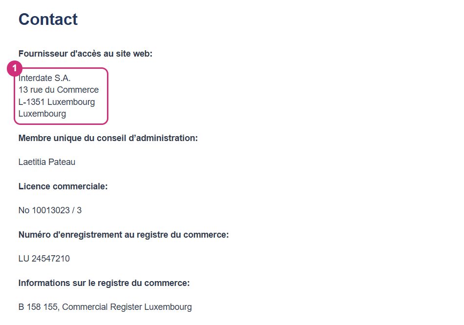 Mentions légales de C-Date avec l'adresse de l'exploitante Interdate S.A. au Luxembourg