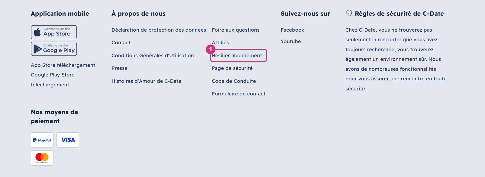 Pied de page de C-Date avec le lien de résiliation des contrats en surbrillance, dans la rubrique entreprise