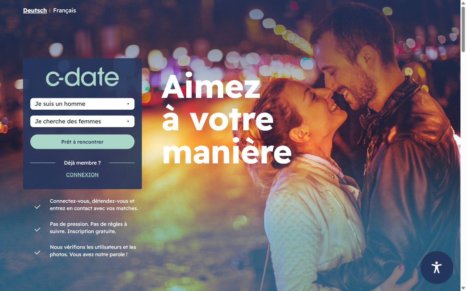 Page d'accueil de c-date.ch avec le formulaire d'inscription gratuite