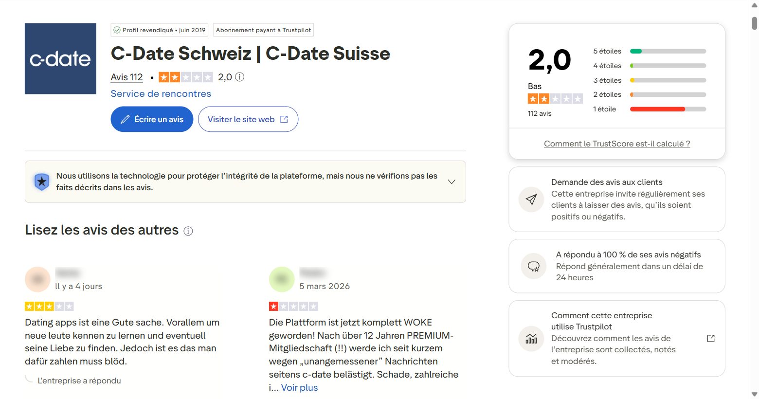 Avis Trustpilot sur C-Date