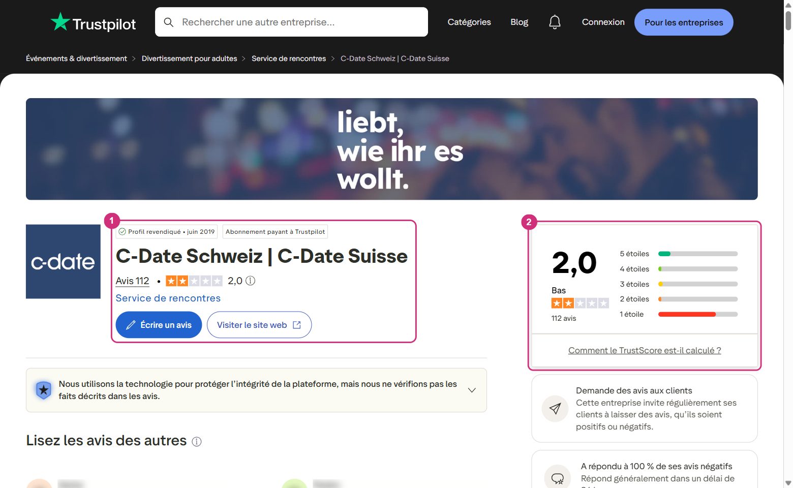 Page Trustpilot de C-Date Suisse avec la note de 2,0 sur 5 et la répartition des étoiles