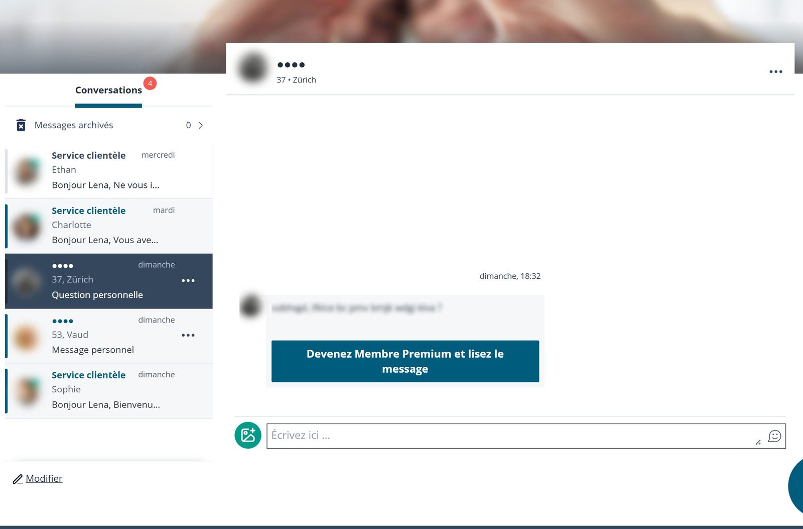 Boîte de réception eDarling : un message flouté, lisible seulement avec Premium