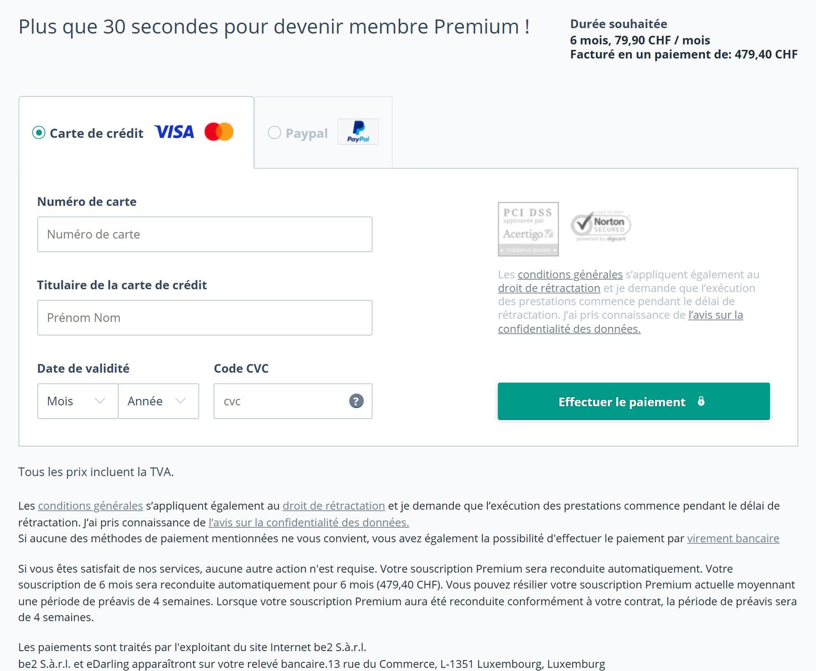Page de commande eDarling avec le prix total et la mention du délai de résiliation de 4 semaines