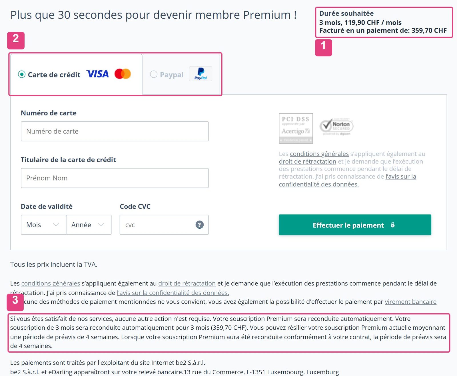 Deuxième étape de la commande eDarling avec la durée et le prix total, les moyens de paiement et le texte sur le renouvellement et le préavis de quatre semaines