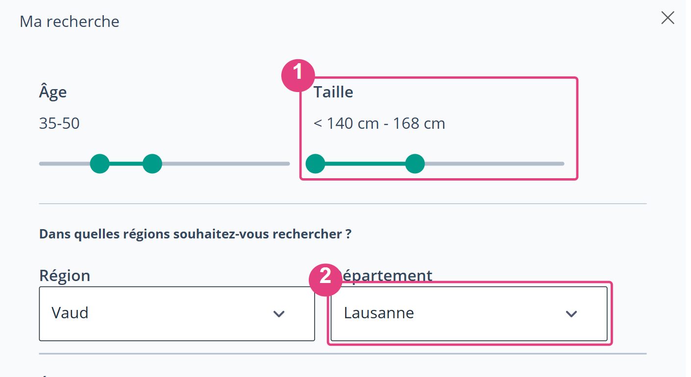 Critères de recherche sur eDarling : taille et région en surbrillance