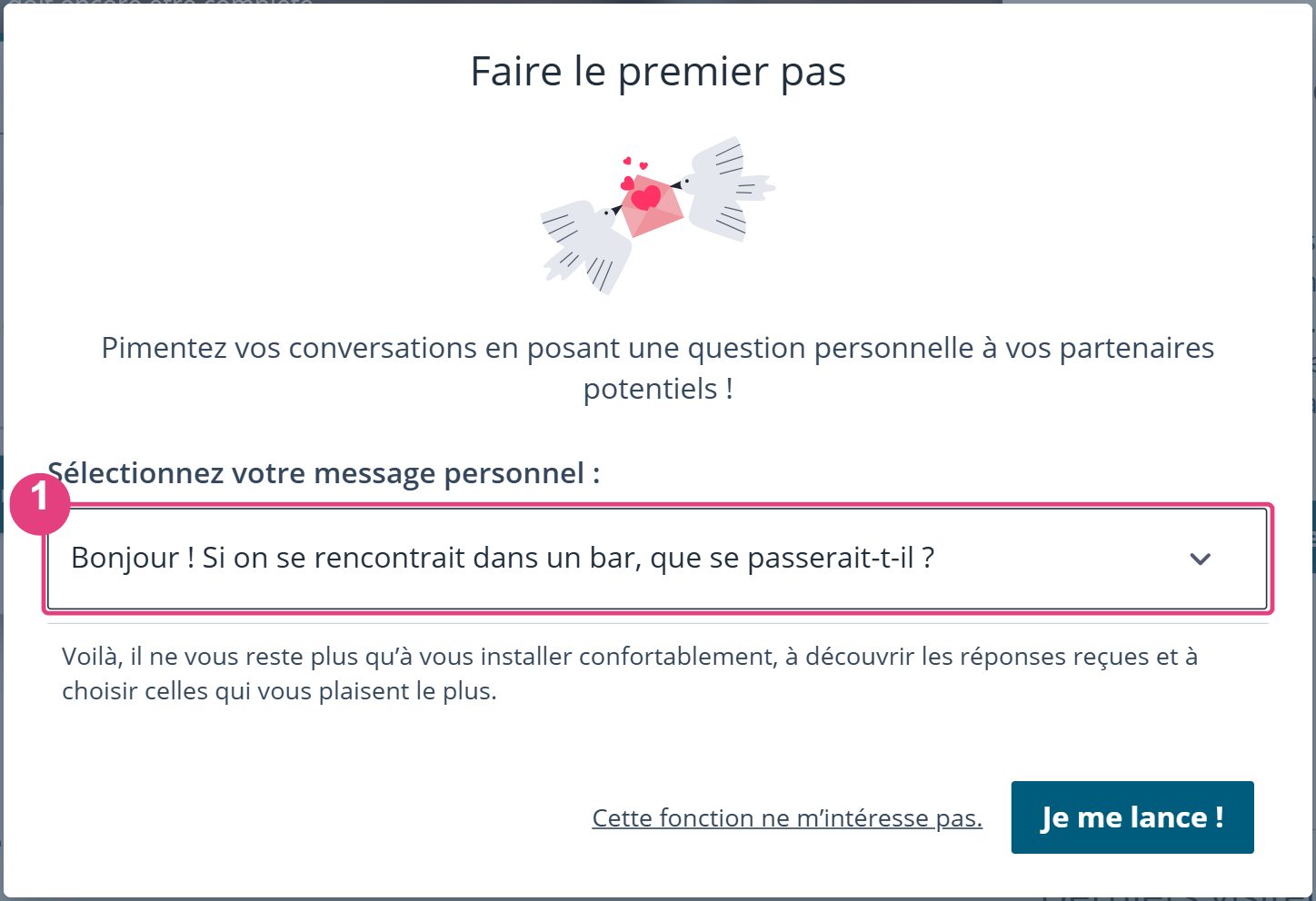 Fonction Le premier pas sur eDarling : envoyer une question toute prête à des membres choisis