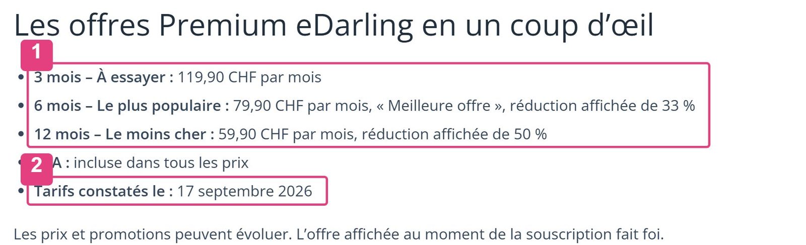 Page de prix officielle d'eDarling Suisse avec les trois durées et les prix au 17 septembre 2026