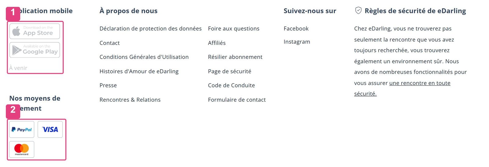 Pied de page d'edarling.ch avec les boutons App Store grisés et la mention bientôt disponible, ainsi que les moyens de paiement PayPal, Visa et Mastercard