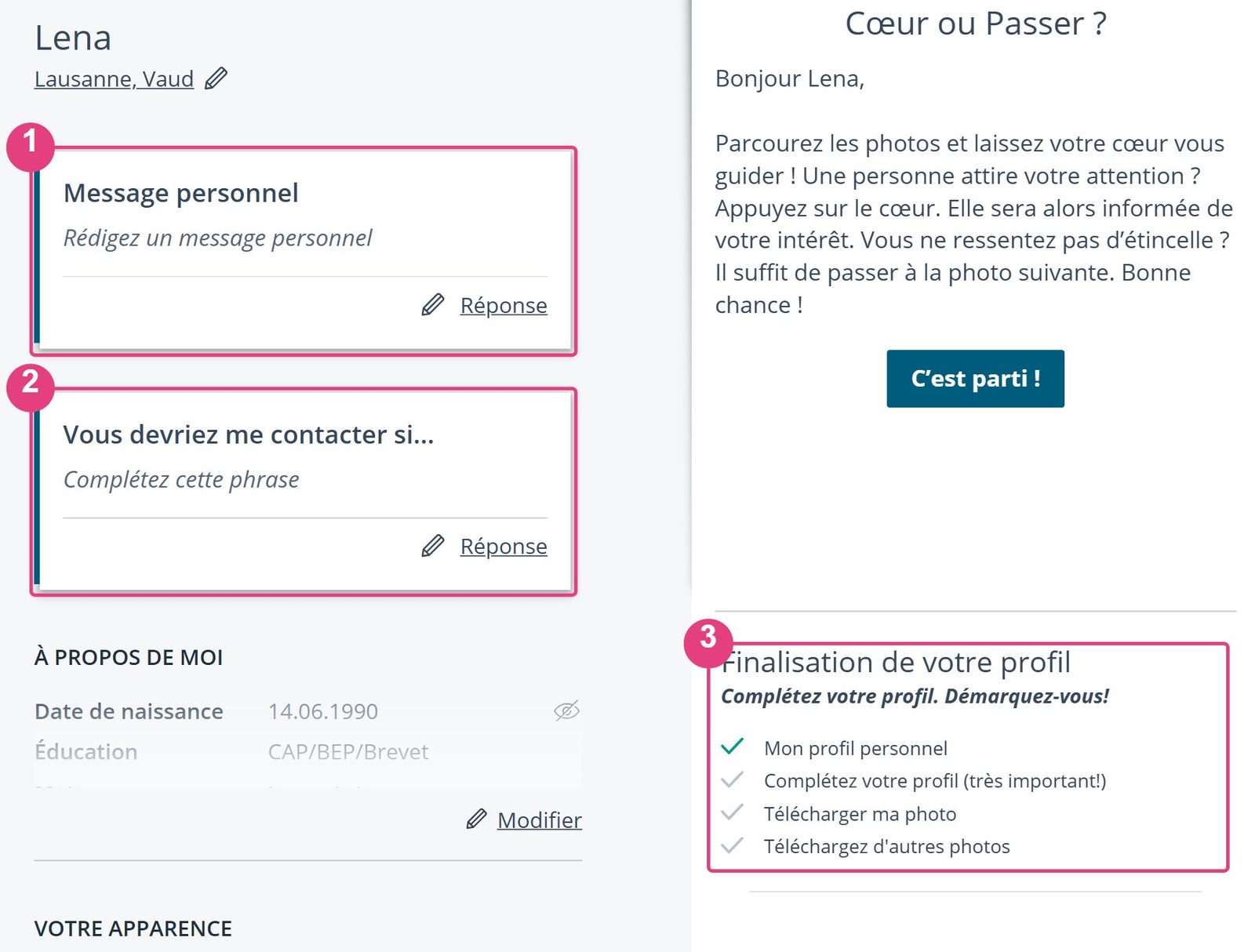 Page de profil sur eDarling avec message d'accueil, rubrique « Tu devrais me contacter si » et statut du profil, en surbrillance