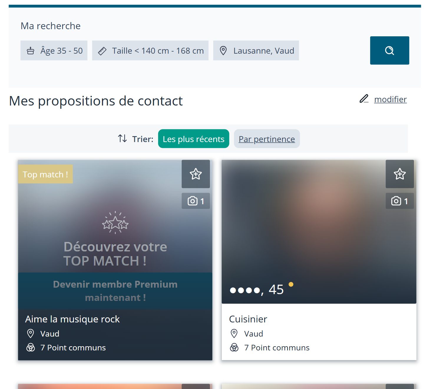 Suggestions de contact sur eDarling avec critères de recherche âge, taille et région, photos floutées