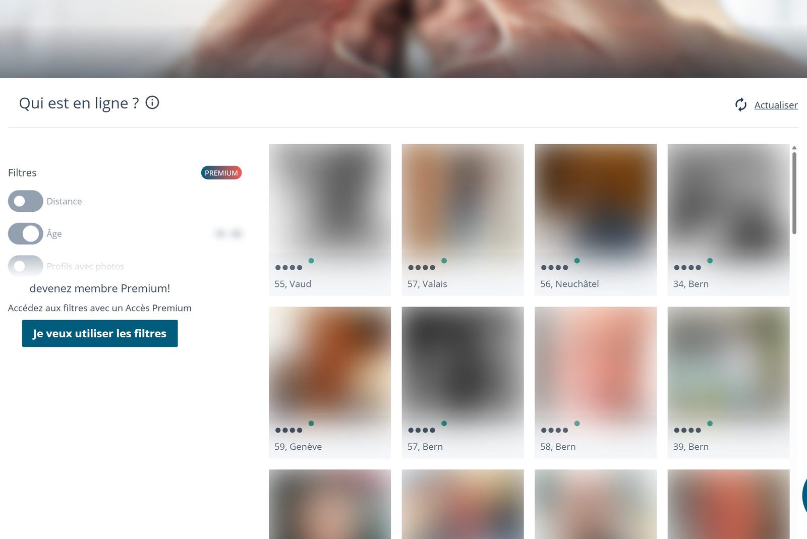 Liste des membres en ligne sur eDarling avec âge et canton, noms et photos méconnaissables