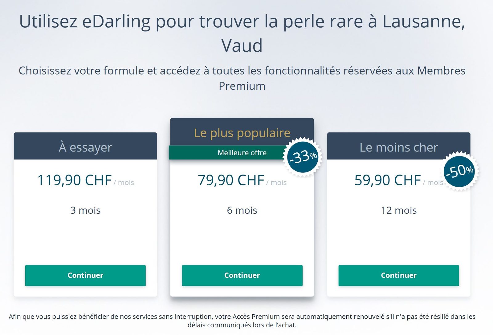 Aperçu des prix eDarling Premium : 3 mois 119,90 CHF, 6 mois 79,90 CHF, 12 mois 59,90 CHF par mois