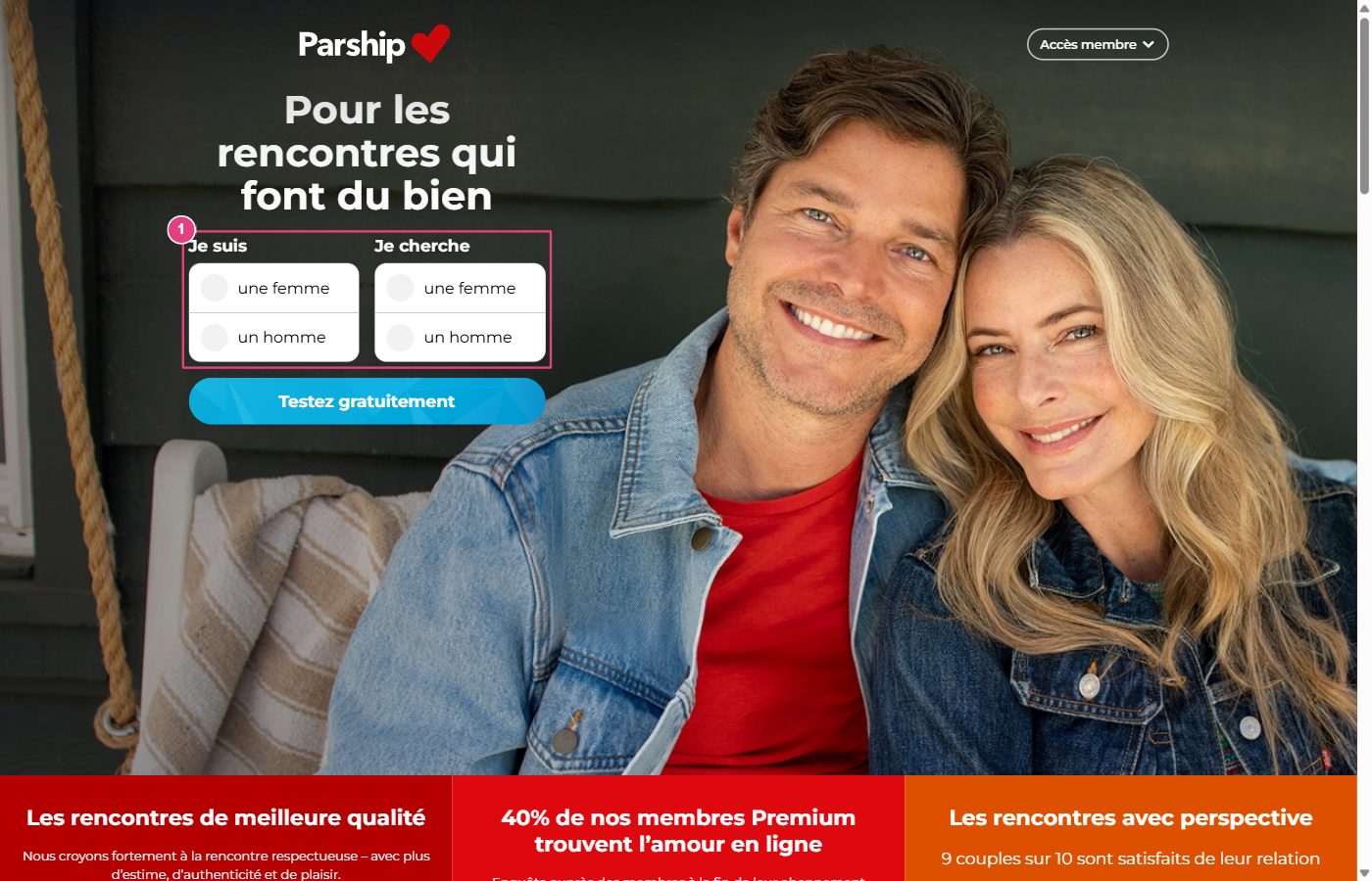 Page d'accueil de fr.parship.ch avec le slogan de la marque et le formulaire d'inscription