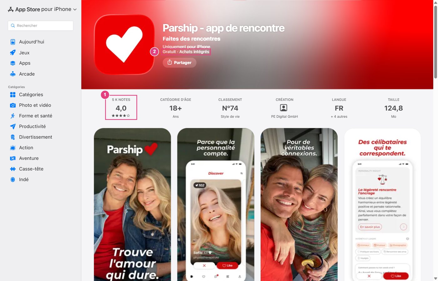 Parship sur l'App Store suisse : note de 4,0 sur 5 avec plus de 5000 évaluations, gratuite avec achats intégrés
