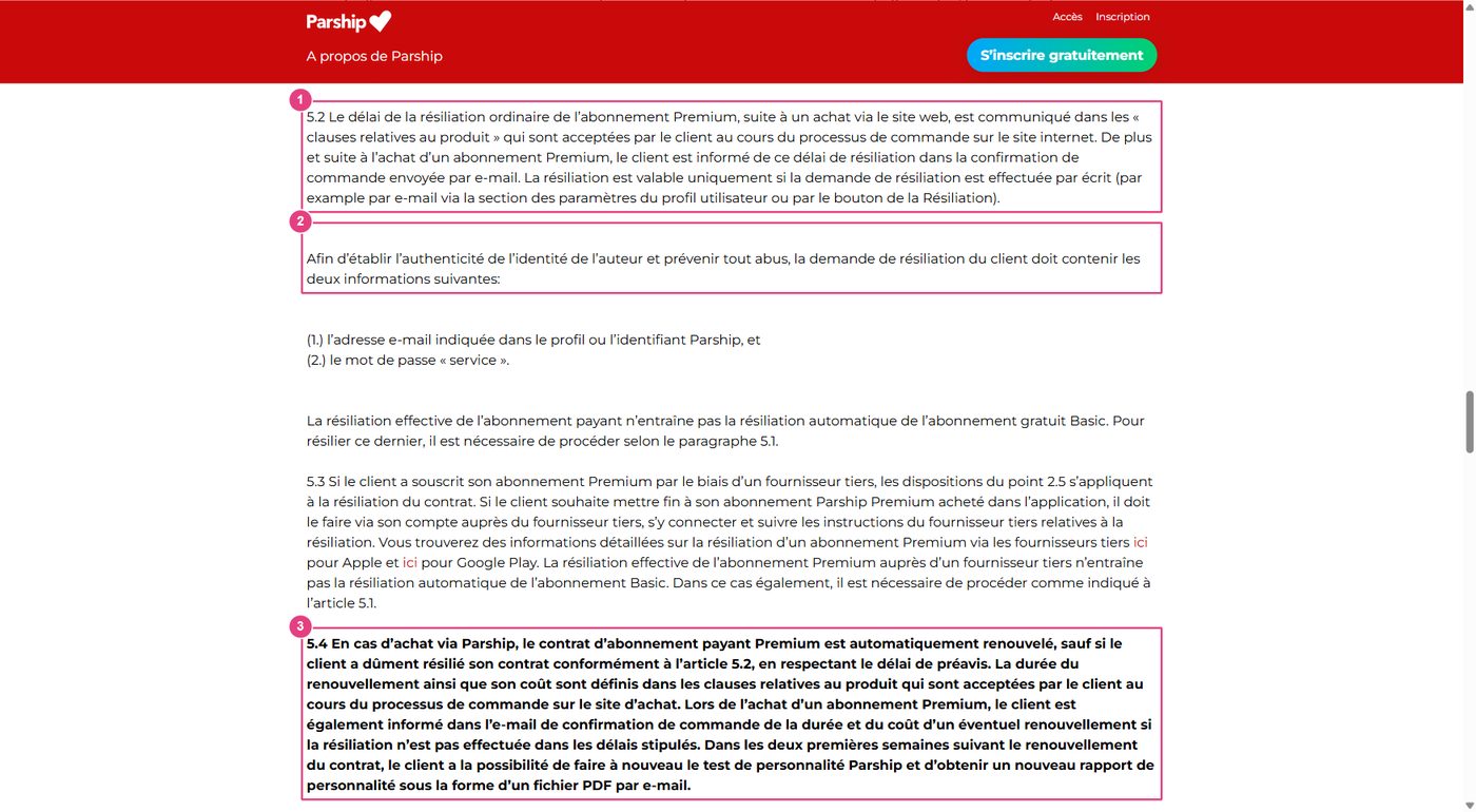 Extrait des CGU suisses de Parship, chapitre 5, avec la règle sur le délai de résiliation, les informations à fournir et le renouvellement automatique