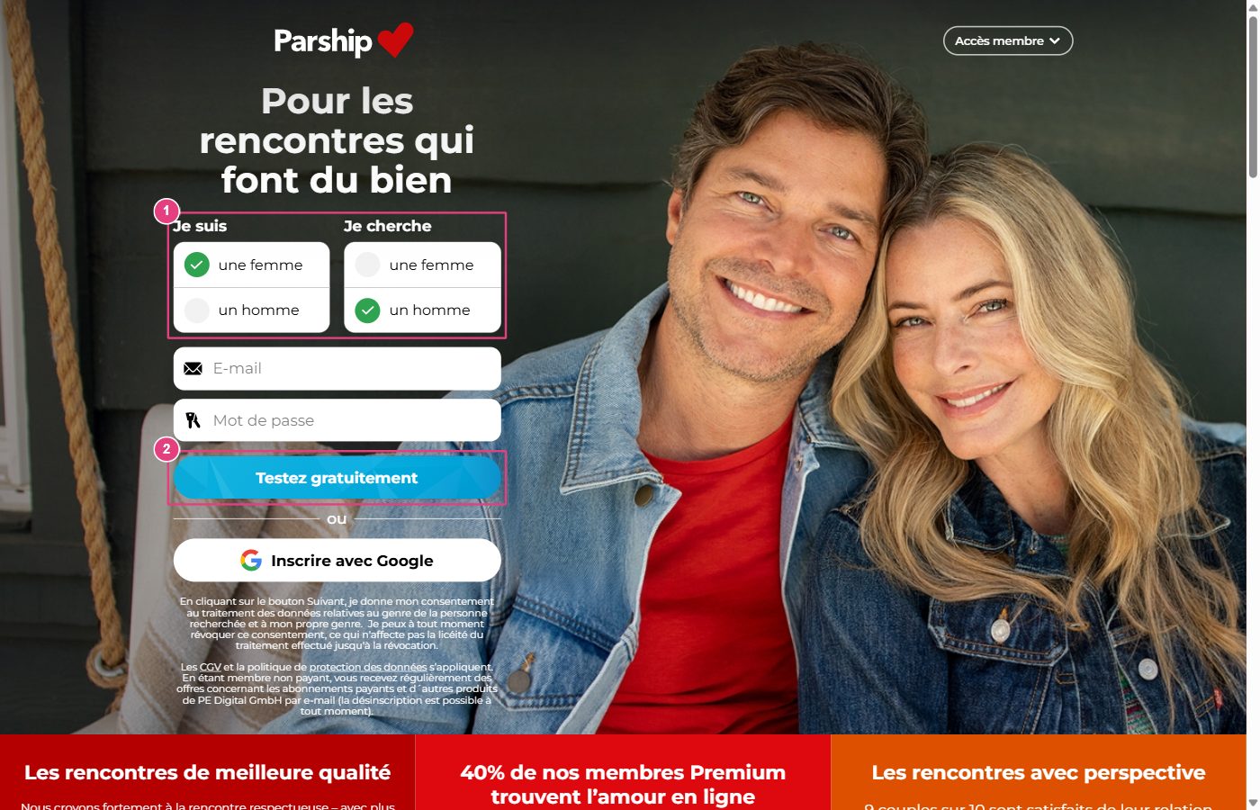 Formulaire d'inscription de Parship avec les champs sexe, sexe recherché et le bouton d'inscription gratuite