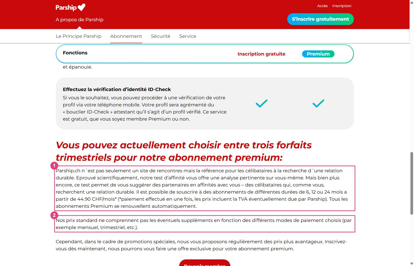 Page des prix de parship.ch avec la mention dès 44,90 CHF par mois et l'indication du renouvellement automatique