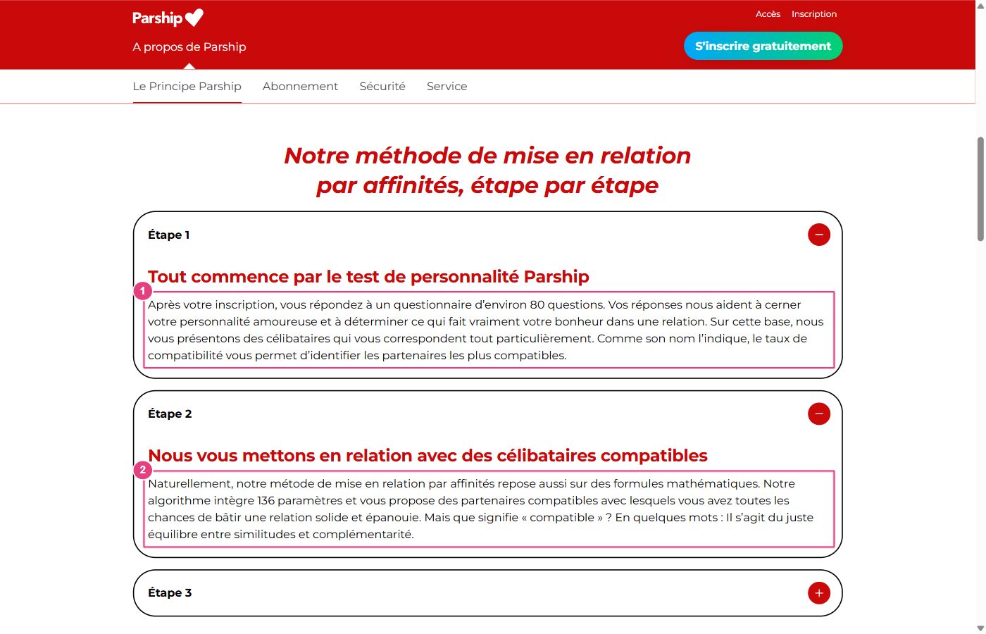 Page du principe Parship avec le test de 80 questions et le taux de compatibilité