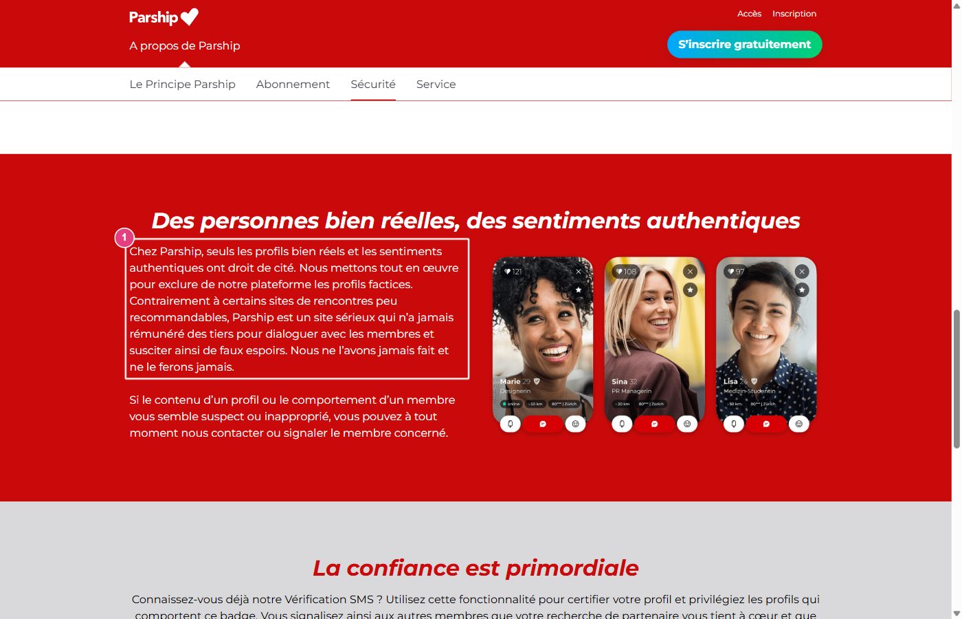 Page sécurité de Parship avec la promesse de n'avoir jamais payé de tiers pour écrire aux membres