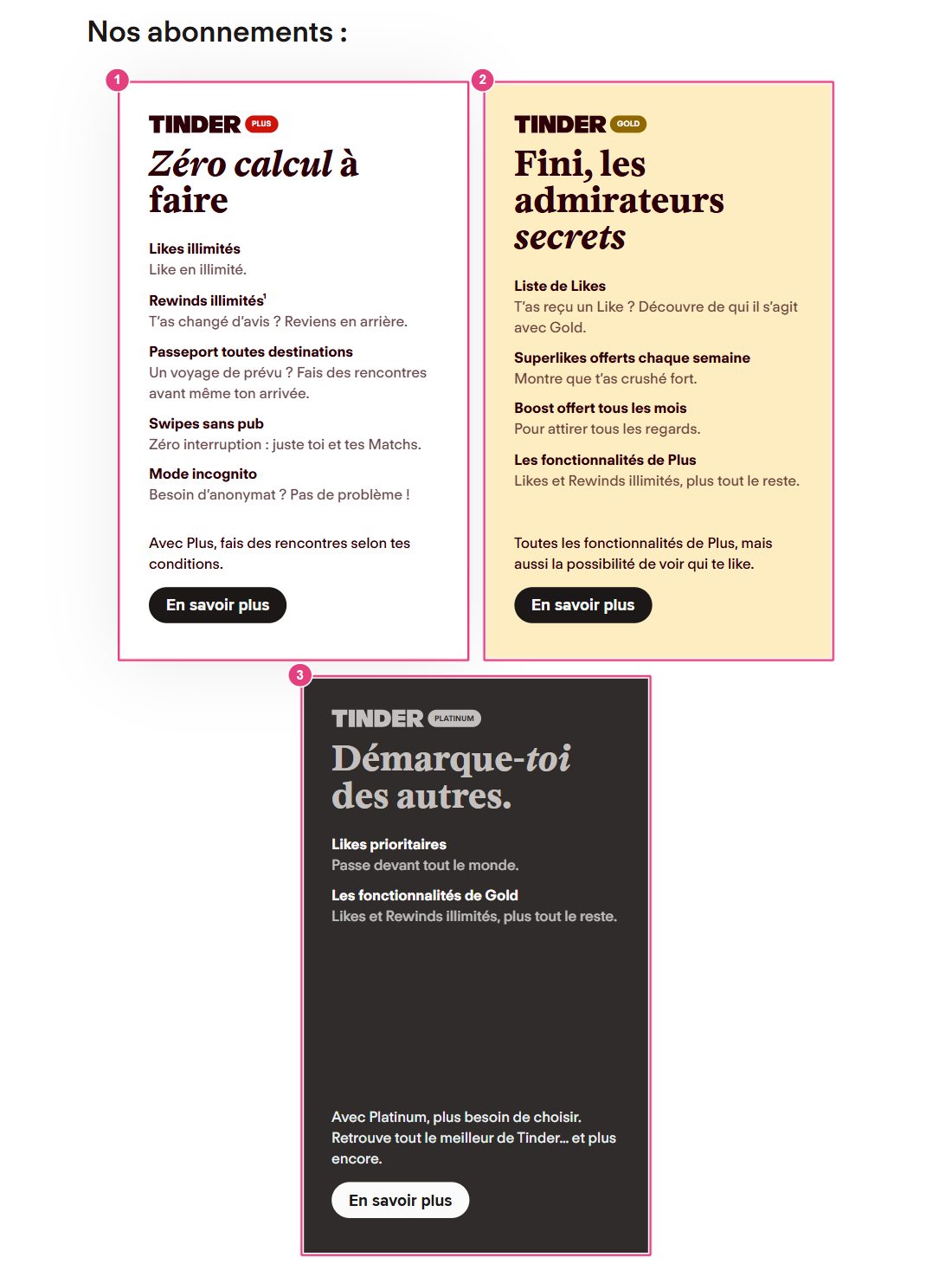 La page des abonnements de tinder.com avec les trois niveaux Plus, Gold et Platinum et leurs fonctions, sans prix