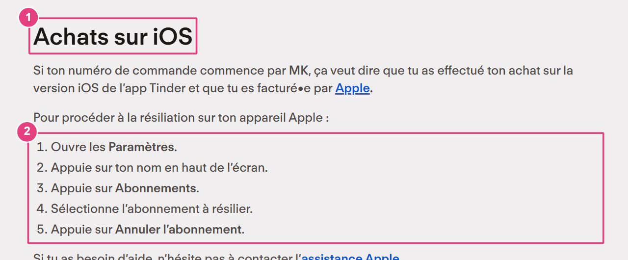 Le centre d'aide de Tinder avec la marche à suivre pour résilier un abonnement iOS en cinq étapes