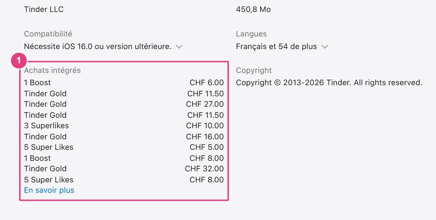 Les achats intégrés de Tinder dans l'App Store suisse : Tinder Gold à 11.50, 16.00, 27.00 et 32.00 CHF, Boosts et Super Likes