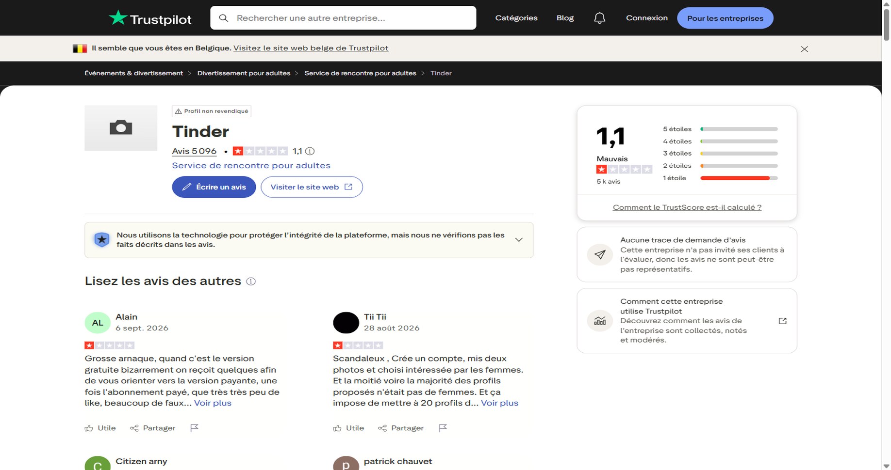 Avis Trustpilot sur Tinder